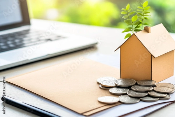 Fototapeta A house model with energy-efficient features, energy-efficient house concept, cost-saving house.