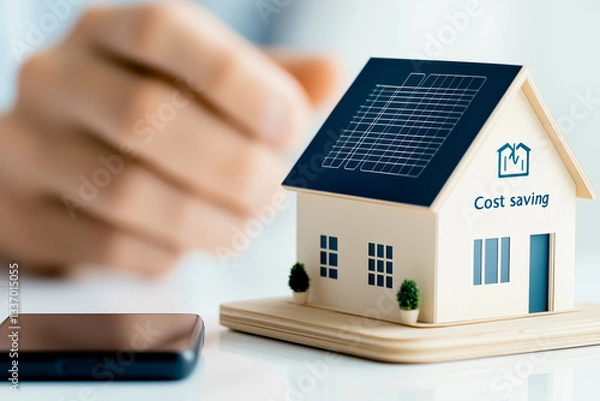 Fototapeta A house model with energy-efficient features, including solar panels and green plants growing on it. Concept of zero carbon development, zero carbon. cost-saving house.