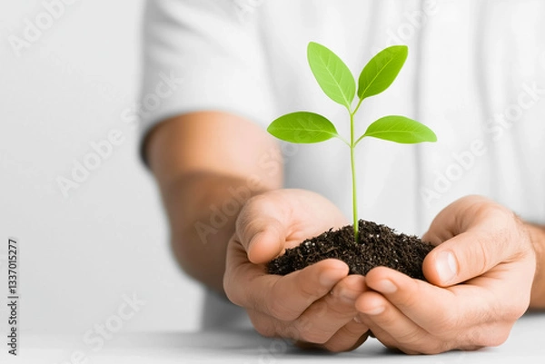 Fototapeta Close-up of hands holding a small plant in soil. Concept of zero carbon development, zero carbon.