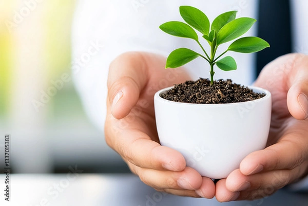 Fototapeta Close-up of hands holding a small plant in soil, a businessman wearing a white shirt and tie sitting at a desk,