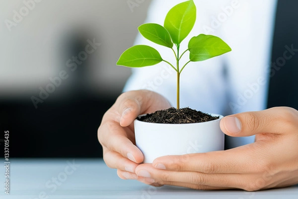 Fototapeta Close-up of hands holding a small plant in soil. Concept of zero carbon development, zero carbon.