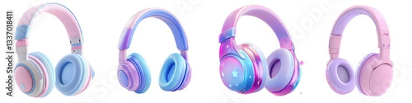 Fototapeta Colorful headphones in various colors arranged on a white background isolated on white or transparent