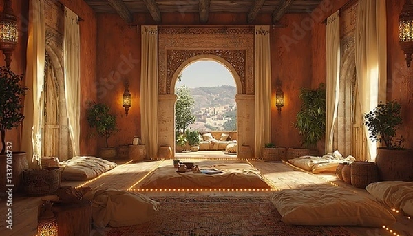 Fototapeta An ornate interior with comfortable seating and a view outside