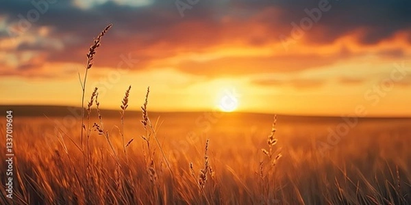 Fototapeta Sunset in the field, meadow in early sunny fresh morning. Agriculture background banner with copy space