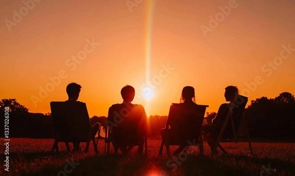 Obraz Silhouetted friends enjoy sunset view from field chairs