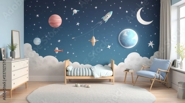 Obraz Serene children's bedroom with light wooden bed featuring celestial wall mural with planets, rockets, stars, and moon. Cloud design along bottom creates floating effect with blue accents.