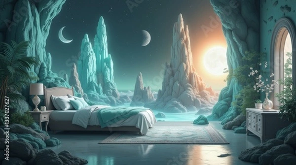 Fototapeta Enchanted bedroom in a cave setting with turquoise waters and crystalline spires.