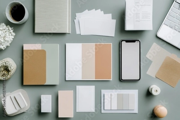 Fototapeta A flat lay showcasing a minimalist workspace with stationery, notebooks, and a smartphone on a sage green background.