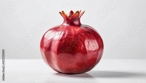 Fototapeta Vibrant Red Pomegranate with Crown-Like Top – Photorealistic Studio Shot on White Background