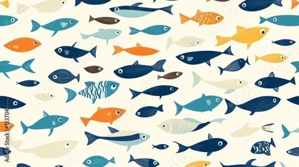 Fototapeta seamless blue pattern with many cartoon funny little fishes on plain neutral background
