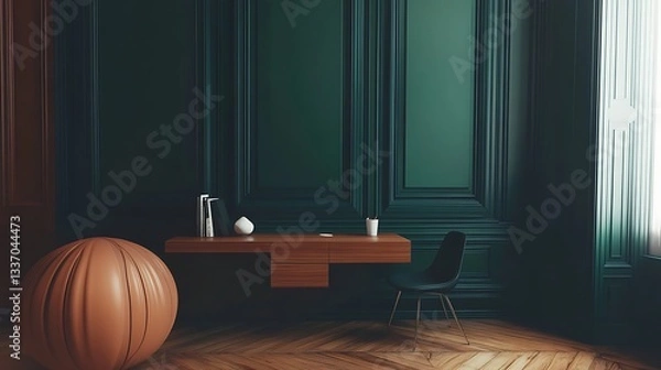 Fototapeta Modern Empty Home Office Room Interior With Blank Wall, Computer, Table, Bookshelf Mockup Frame -Ai
