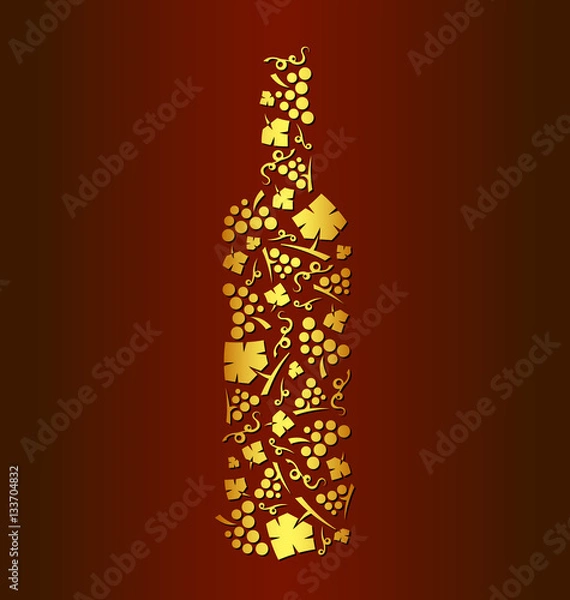 Obraz Decorative vector wine bottle of grape bunches and grape leaves