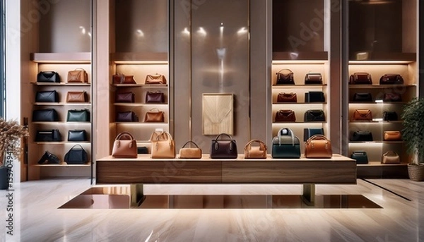 Obraz 명품 가방 매장 내부, 고급스러운 가죽 가방