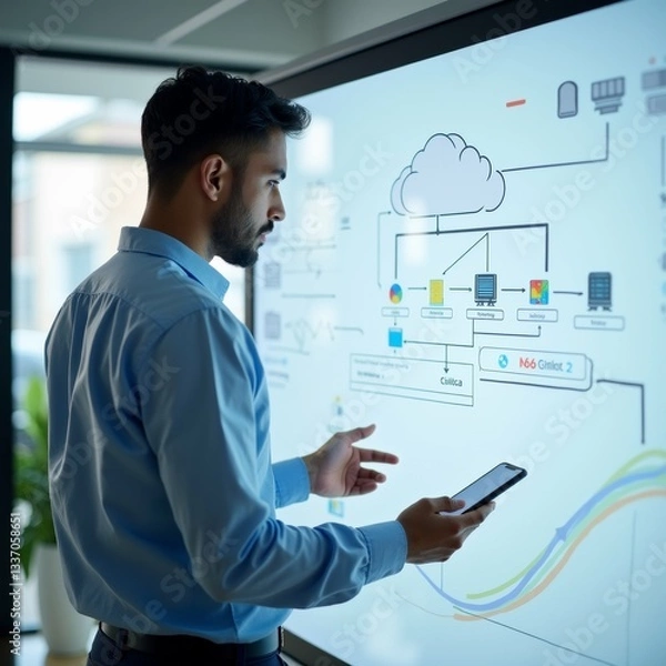 Fototapeta young man standing front large whiteboard flowchart wearing blue shirt holding smartphone his hand flowchart visual representation cloud computing system various icons representing different aspects