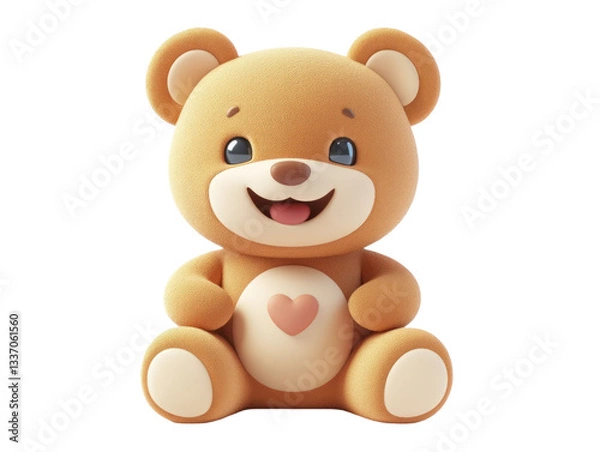 Fototapeta Smiling cartoon teddy bear with brown fur sitting and a pink heart on chest against transparent background
