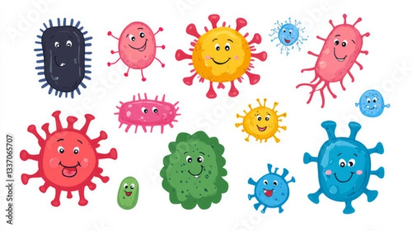 Fototapeta Cute bacteria, germ and virus characters isolated on white background. Vector cartoon set of funny bacterium, microorganism and biology cell with flagella and faces