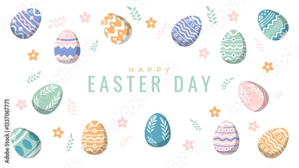 Obraz Happy Easter Day greeting banner. Eggs, flower, and leaves flat illustration. Vector banner template design with white space in the middle