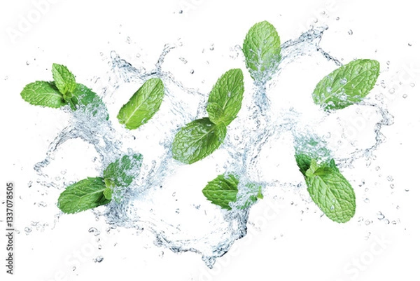 Fototapeta mint water splash with mint leaves isolated on white background cutout image and isolated on transparent background 