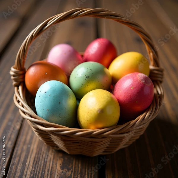 Fototapeta A wicker basket filled with colorful Easter eggs, placed on a rustic wooden table, surrounded by green leaves. Festive holiday celebration concept