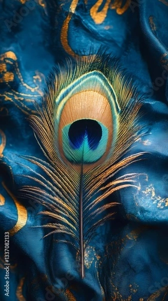 Fototapeta Single peacock feather with radiant colors and detailed eye pattern, symbolizing beauty, nature, and artistic inspiration, great for decorative themes, stylized comic book illustration