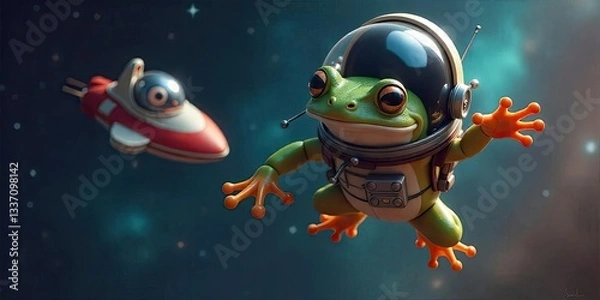 Obraz Astronaut Frog in Space with Rocket