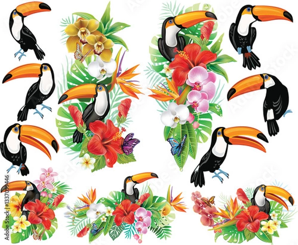 Fototapeta Tropical Toucan Set with Exotic Flowers, Hibiscus, Orchids, Palm Leaves, and Rainforest Foliage. Perfect for summer, jungle themes, and tropical designs