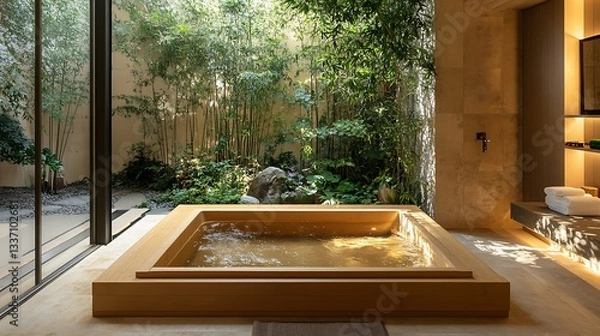 Fototapeta Japanese Style Bathtub in the Garden 3D Rendering Computer Digital Drawing..