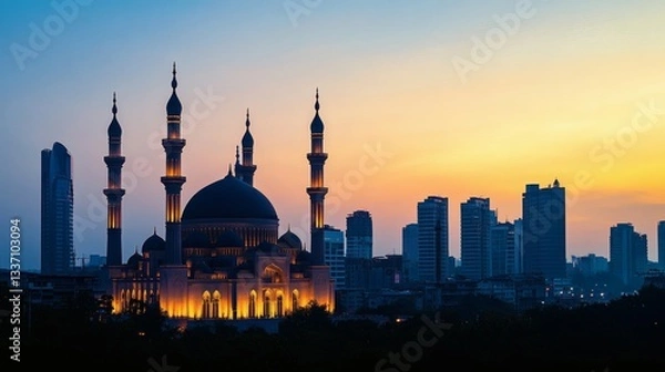 Fototapeta A beautiful mosque is illuminated in a cityscape at twilight