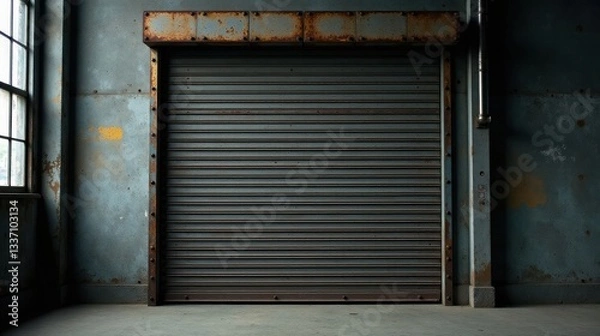 Fototapeta Rustic Industrial Setting with Weathered Metal Roll-Up Door and Aged Concrete Floor