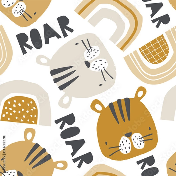 Fototapeta Vector seamless pattern with cute tigers and abstract rainbows in beige colors. Scandinavian style children's print with tigers head. Creative kids texture for fabric, wrapping, textile, wallpaper.