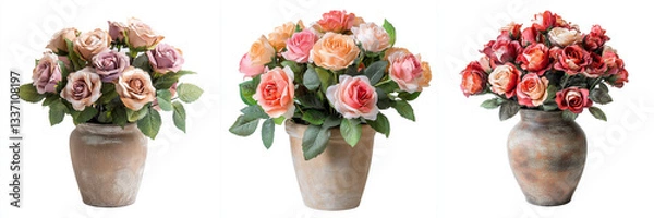 Fototapeta Set of a potted plant with flowers, Cutout of an bouquet of artificial roses, Green ross flower isolated on a transparent background