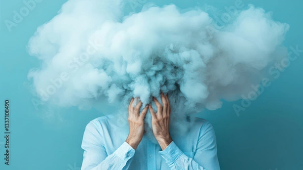 Obraz Man with his head engulfed in fog or smoke - brain fog, burnout, mental health problems