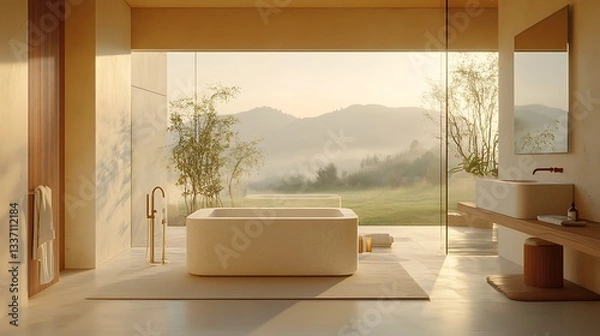 Fototapeta Bathroom Interior with Bathtub Panoramic Window and Mountain View 3D Rendering..