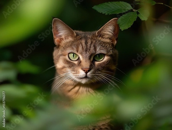 Fototapeta A close-up of a cat with striking green eyes, partially obscured by green foliage, showcasing its natural beauty and alert expression.