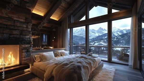 Fototapeta 3D Rendering of a Cozy Bedroom in a Chalet..