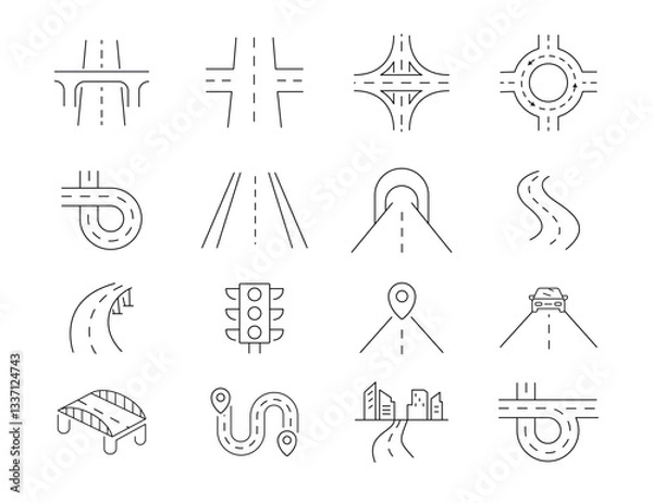 Fototapeta Road and Highway Line Editable Icons set. stock illustration