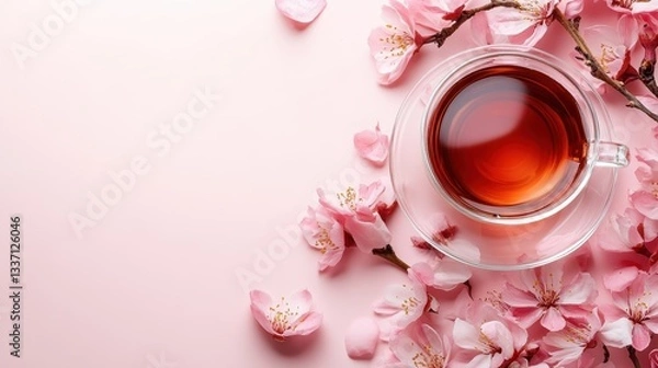 Fototapeta An elegant tea display surrounded by pink cherry blossom petals, creating a soft and inviting atmosphere that speaks to relaxation and comfort.