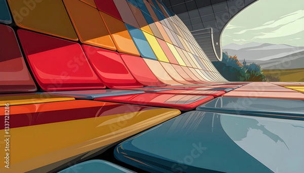 Fototapeta vibrant tiles cover a sweeping highway overpass in bold patterns and vivid colors turning concrete into urban art the structure pops against the sky blending motion geometry and imagination
