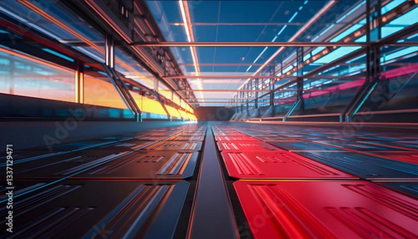 Fototapeta clean empty industrial workspace with polished concrete floors exposed beams steel walls and soft overhead lights modern equipment stands still silent and unused in a minimalist functional layout