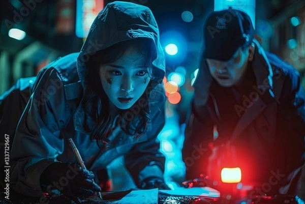 Fototapeta Two people in a hooded coat are working on something