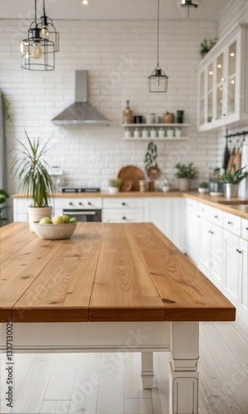Fototapeta Empty wooden tabletop in a bright kitchen, ready for product display or promotional use. (Business)