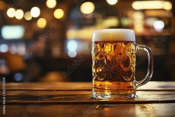 Fototapeta Refreshing mug of beer sitting on wooden table in blurred pub background