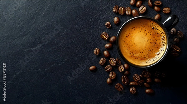 Fototapeta Cup of Coffee with Roasted Beans on Dark Background, Minimalist Composition with Copy Space for Cafe or Coffee Branding, Top View Layout
