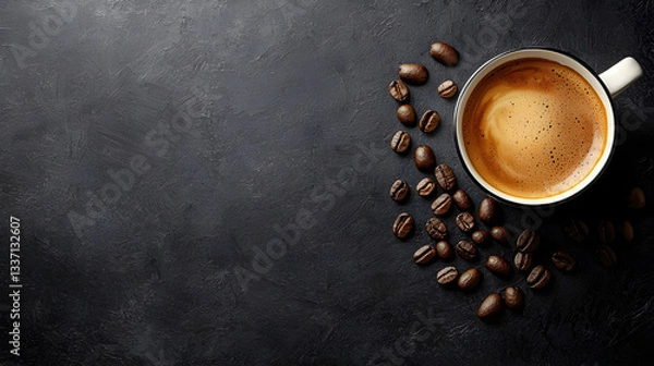 Fototapeta Cup of Coffee with Roasted Beans on Dark Background, Minimalist Composition with Copy Space for Cafe or Coffee Branding, Top View Layout