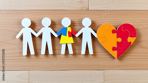 Fototapeta  autism among another and pieces of multicolored puzzle on wooden background