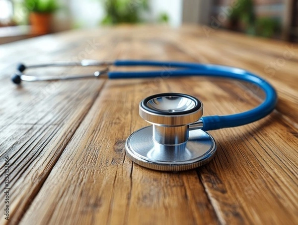 Fototapeta Stethoscope on a Wooden Table: Close-up of a Blue Stethoscope Resting on a Rustic Wood Surface, Symbolizing Healthcare, Medicine, and Wellness in a Natural Light Setting.