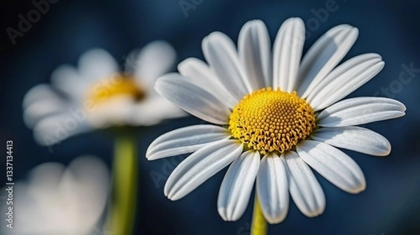 Fototapeta Softly lit daisy in close-up, highlighting its intricate petal details and rich yellow center, representing simplicity and warmth, illustrated book style