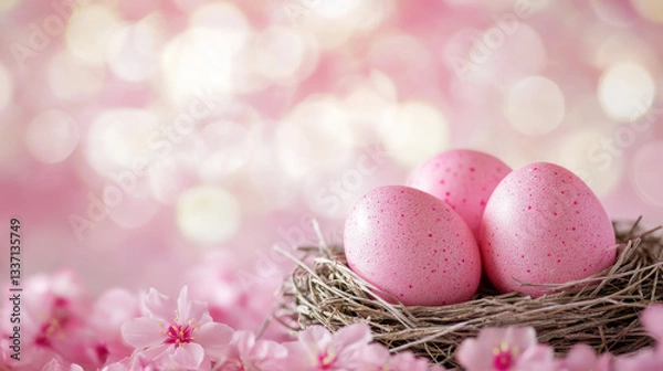 Fototapeta Elegant pink Easter eggs in a bird's nest decorated with cherry blossoms, soft pastel background, spring holiday celebration, delicate festive composition for seasonal decor, greeting cards and Easter