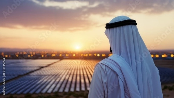 Obraz Middle Eastern Man Observing Solar Panel Field During Sunset