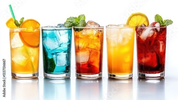 Fototapeta An elegant arrangement of various cocktail drinks featuring bright and diverse colors, served in tall glasses with ice and garnishes, indicating a refreshing time.
